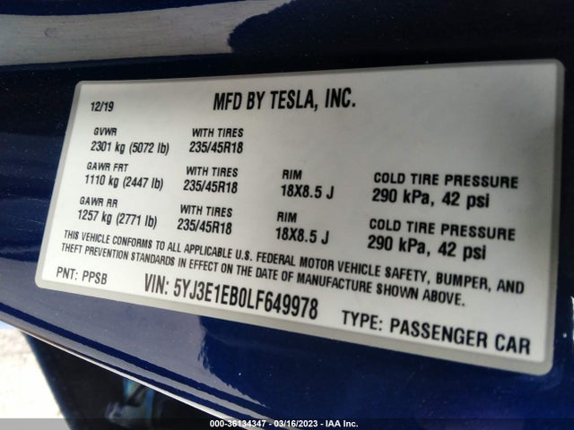 5YJ3E1EB0LF649978 Tesla Model 3 Long Range