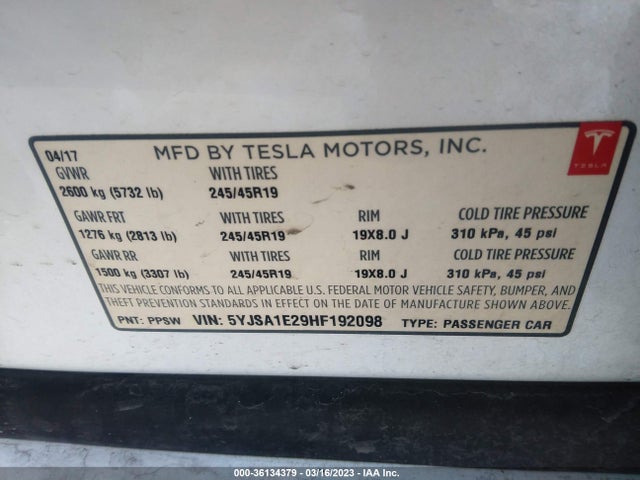 2017 TESLA MODEL S 100D/90D/75D/60D/P100D VIN: 5YJSA1E29HF192098