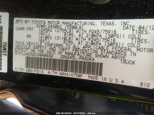 2012 TOYOTA TACOMA VIN: 5TFLU4EN2CX040492