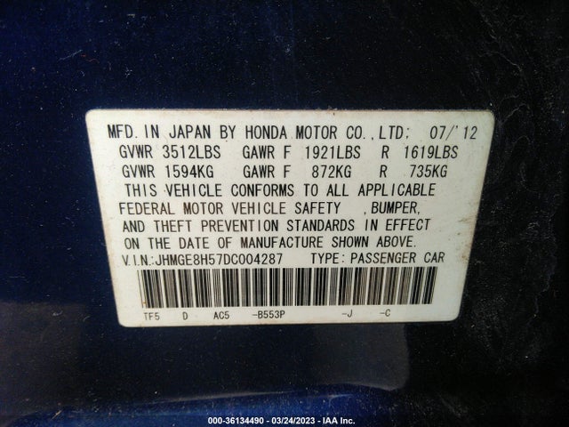 2013 HONDA FIT SPORT VIN: JHMGE8H57DC004287