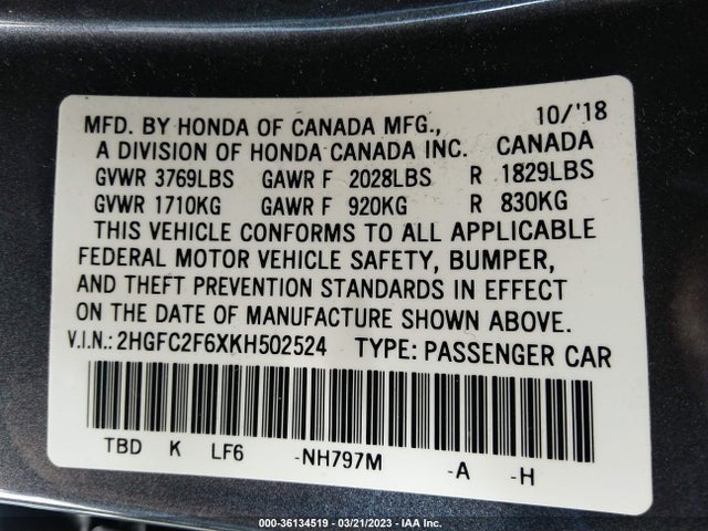 Honda Civic Sedan Lx 2019 2HGFC2F6XKH502524 Image 10
