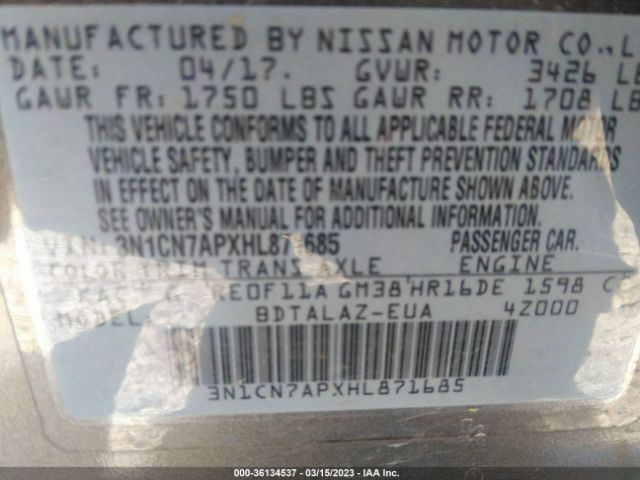 3N1CN7APXHL871685 Nissan Versa Sedan S Plus
