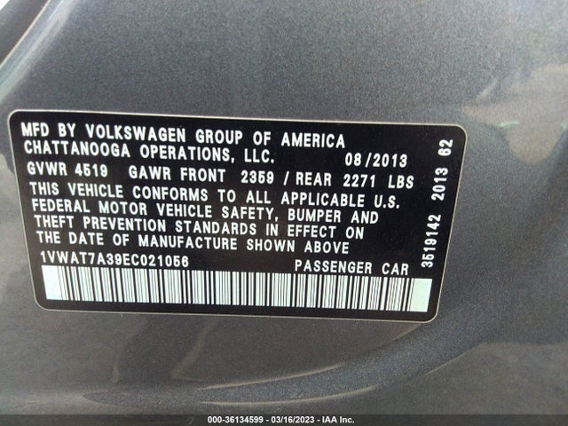 1VWAT7A39EC021056 Volkswagen Passat Wolfsburg Ed