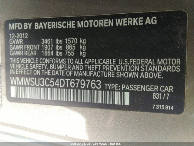 2013 MINI COOPER HARDTOP VIN: WMWSU3C54DT679763