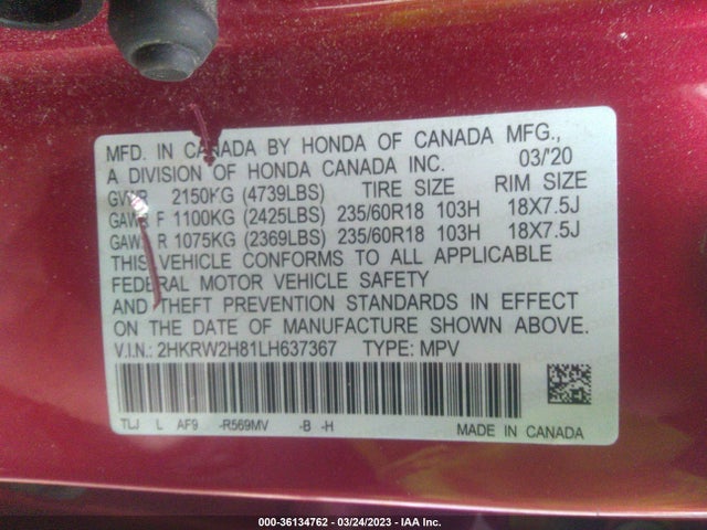 Honda Cr-v Ex-l 2020 2HKRW2H81LH637367 Image 9