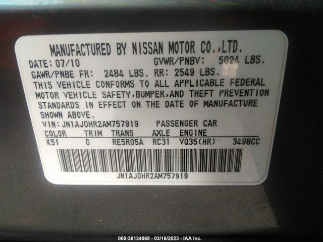 2010 INFINITI EX35 JOURNEY VIN: JN1AJ0HR2AM757919