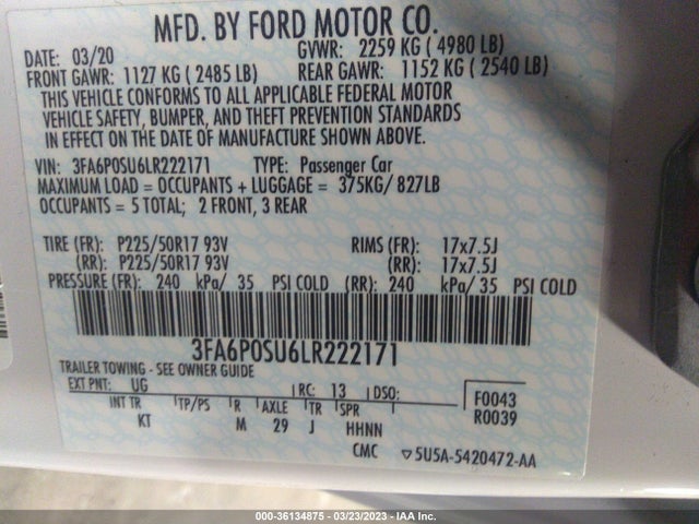 2020 Ford Fusion, VIN: 3FA6P0SU6LR222171