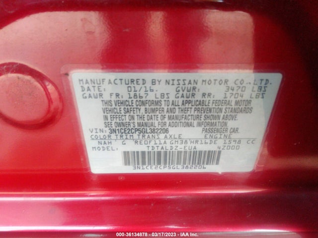 2016 NISSAN VERSA NOTE SV VIN: 3N1CE2CP5GL382206