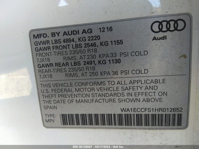 2017 Audi Q3, VIN: WA1ECCFS1HR012652