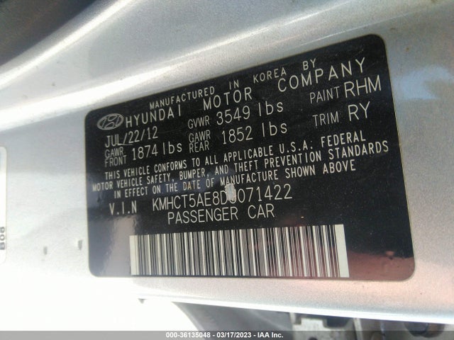 2013 HYUNDAI ACCENT GS VIN: KMHCT5AE8DU071422