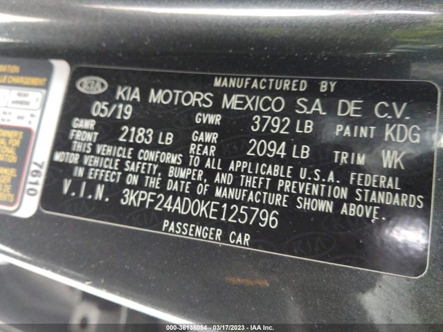 2019 KIA FORTE LXS VIN: 3KPF24AD0KE125796