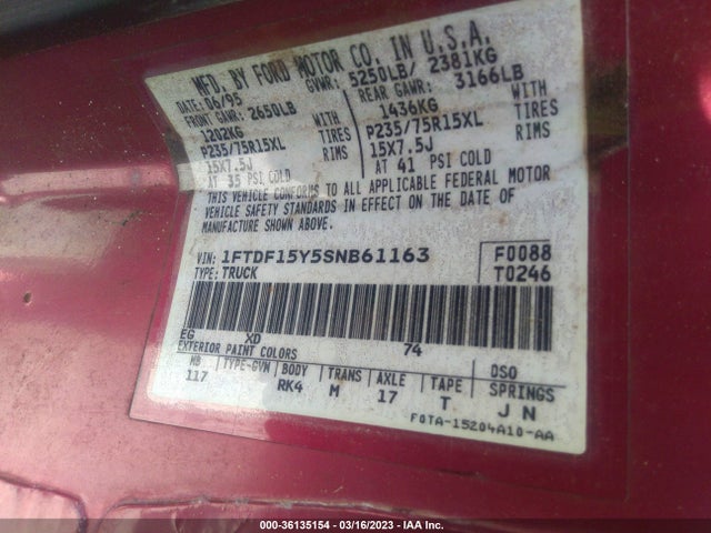 1995 FORD F150 VIN: 1FTDF15Y5SNB61163