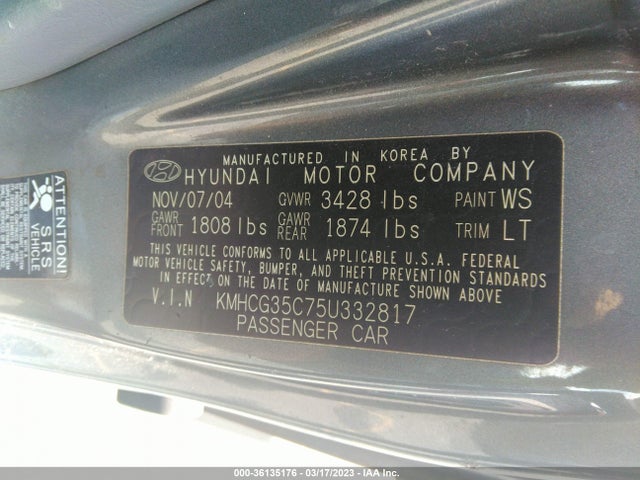 2005 HYUNDAI ACCENT GLS/GT VIN: KMHCG35C75U332817