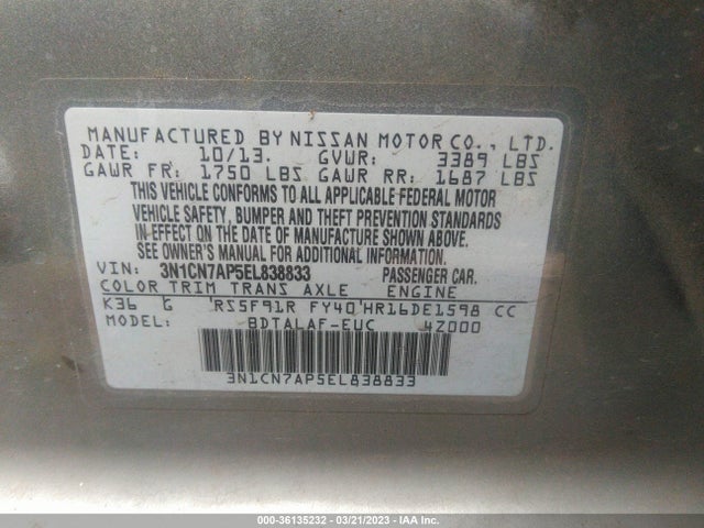 Nissan VERSA S 2014 3N1CN7AP5EL838833 Image 9