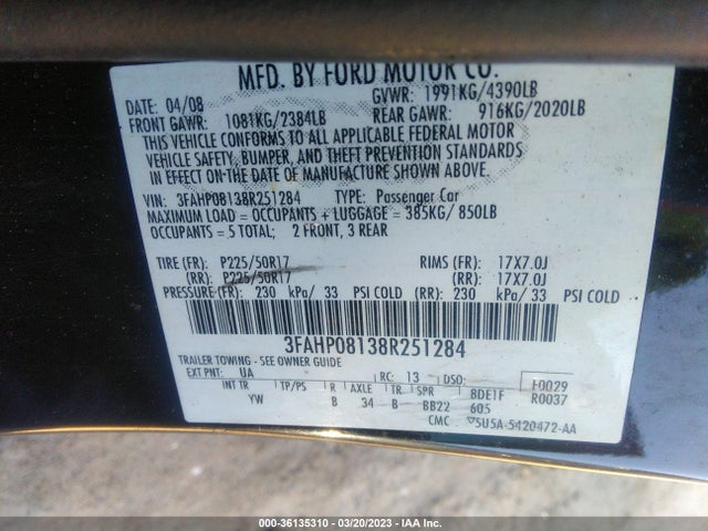 2008 FORD FUSION SEL VIN: 3FAHP08138R251284