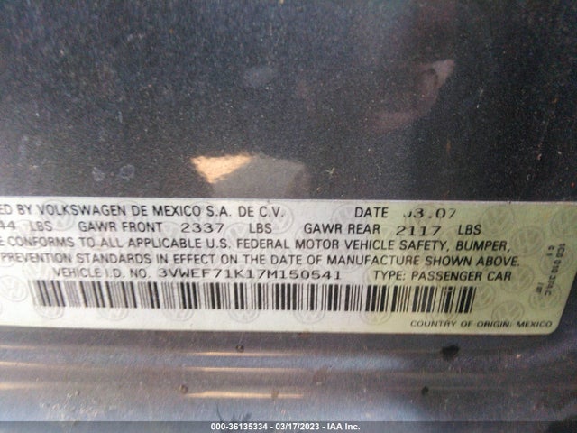 2007 VOLKSWAGEN JETTA SEDAN WOLFSBURG EDITION VIN: 3VWEF71K17M150541