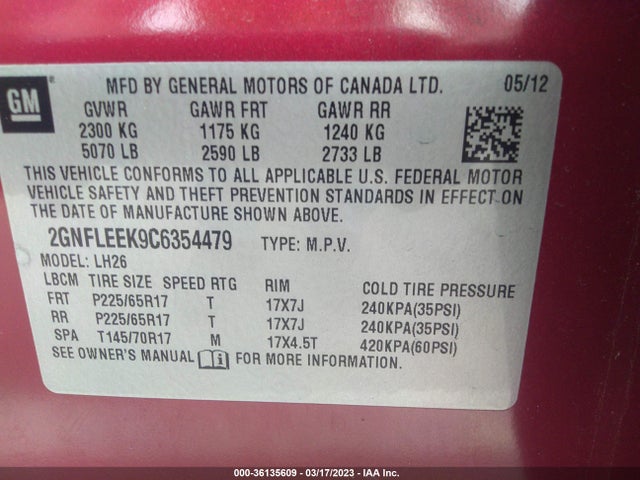 2012 CHEVROLET EQUINOX LT W/1LT VIN: 2GNFLEEK9C6354479