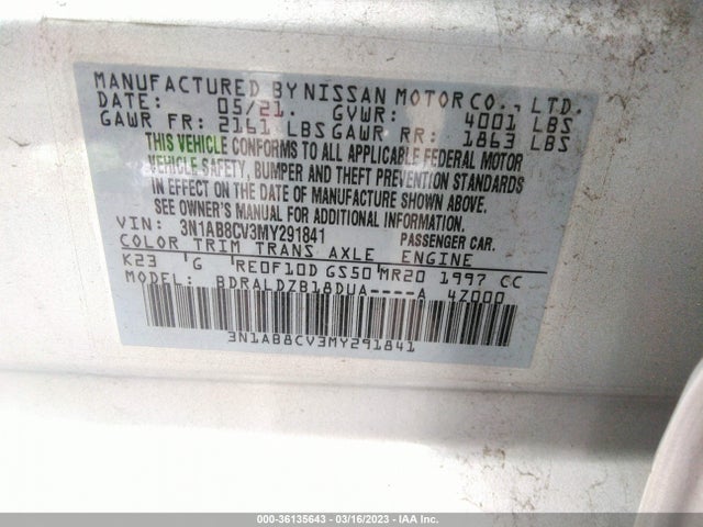 2021 NISSAN SENTRA SV VIN: 3N1AB8CV3MY291841
