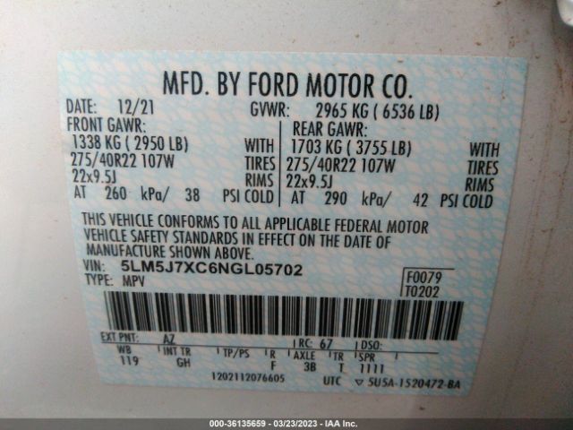 5LM5J7XC6NGL05702 Lincoln Aviator Reserve
