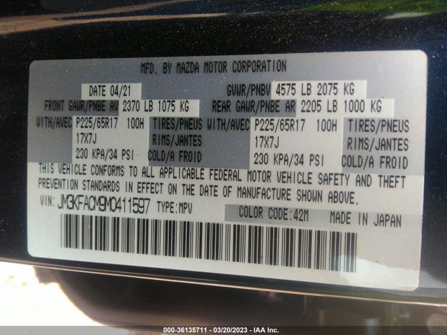 2021 MAZDA CX-5 TOURING VIN: JM3KFACM9M0411597