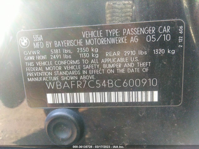 2011 BMW 5 SERIES 535I VIN: WBAFR7C54BC600910