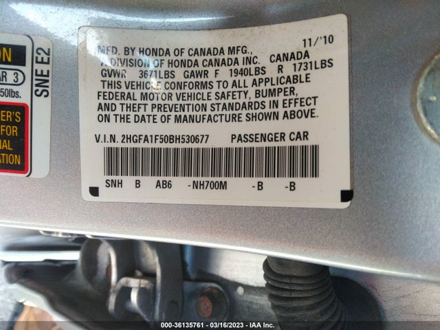 2011 HONDA CIVIC SDN LX VIN: 2HGFA1F50BH530677