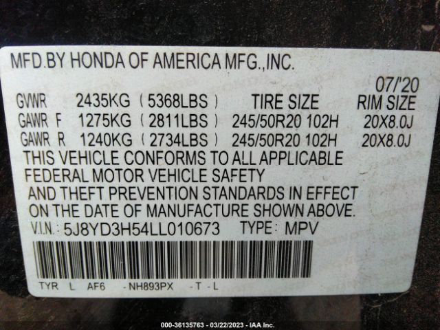 5J8YD3H54LL010673 Acura Mdx W/technology Pkg