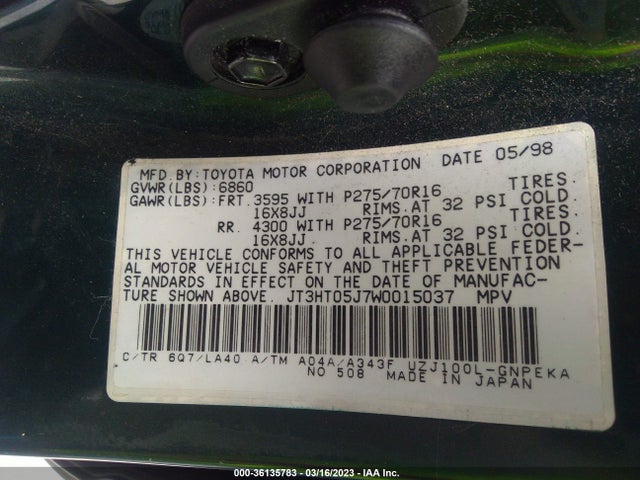 1998 TOYOTA LAND CRUISER VIN: JT3HT05J7W0015037