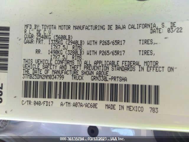 2022 TOYOTA TACOMA 2WD SR5/TRD SPORT VIN: 3TMBZ5DN2NM034799