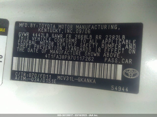2007 TOYOTA CAMRY SOLARA SE/SLE/SE SPORT VIN: 4T1FA38P97U117262