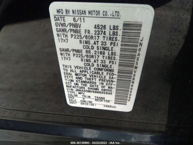 JN8AS5MV8BW685998 Nissan ROGUE SV