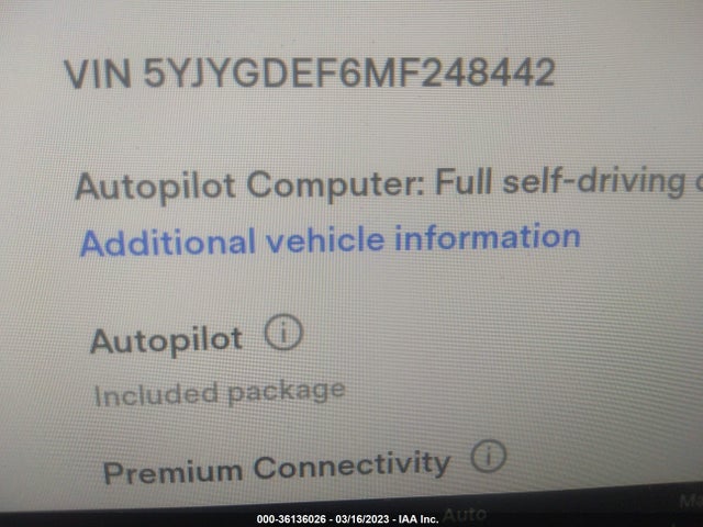 2021 TESLA MODEL Y PERFORMANCE VIN: 5YJYGDEF6MF248442