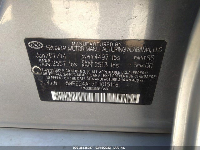2015 HYUNDAI SONATA 2.4L SE VIN: 5NPE24AF7FH015116