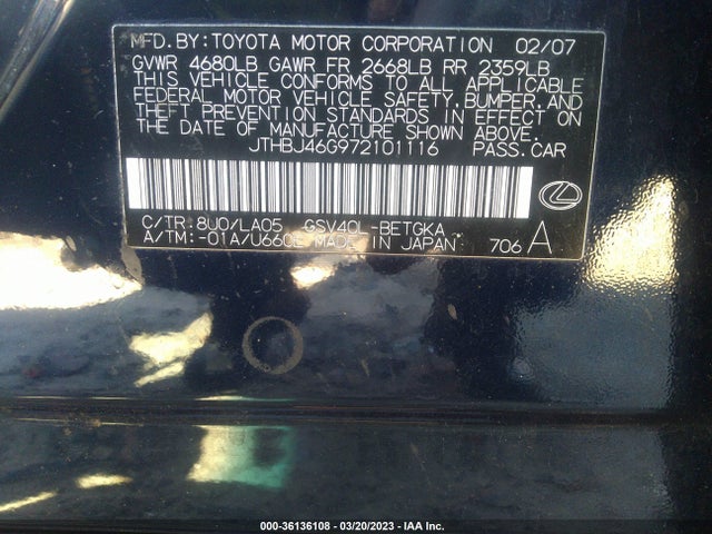 2007 LEXUS ES 350 VIN: JTHBJ46G972101116
