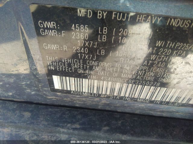 4S4BRBCC8E3250278 Subaru Outback 2.5i Premium