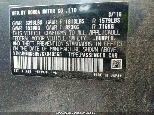 2016 HONDA FIT LX VIN: JHMGK5H57GX040565
