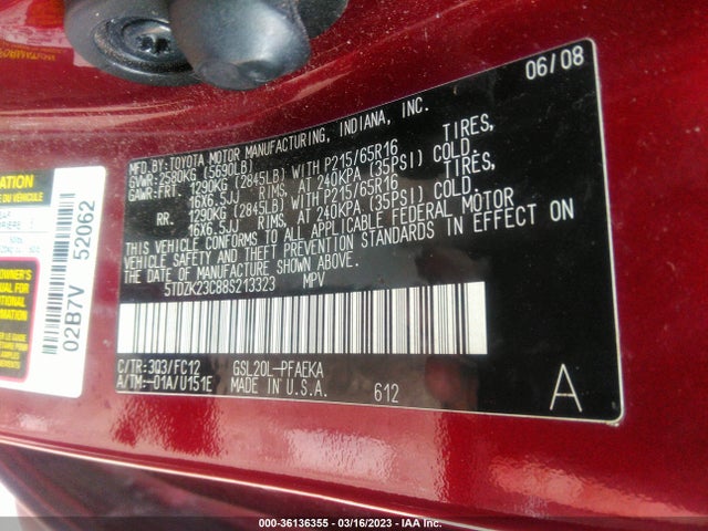 2008 TOYOTA SIENNA CE/LE VIN: 5TDZK23C88S213323