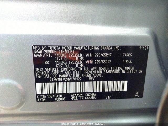 2021 TOYOTA RAV4 XLE VIN: 2T3W1RFV2MW178122