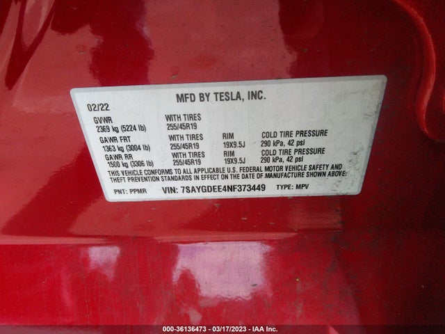 Tesla Model Y Long Range 2022 7SAYGDEE4NF373449 Image 10
