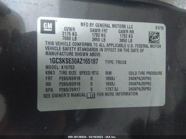2010 CHEVROLET SILVERADO 1500 LT VIN: 1GCSKSE30AZ165187