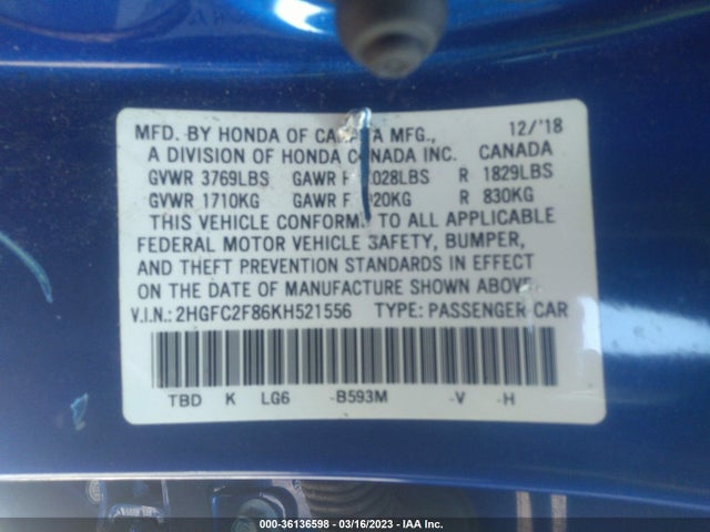 2019 HONDA CIVIC SEDAN SPORT VIN: 2HGFC2F86KH521556