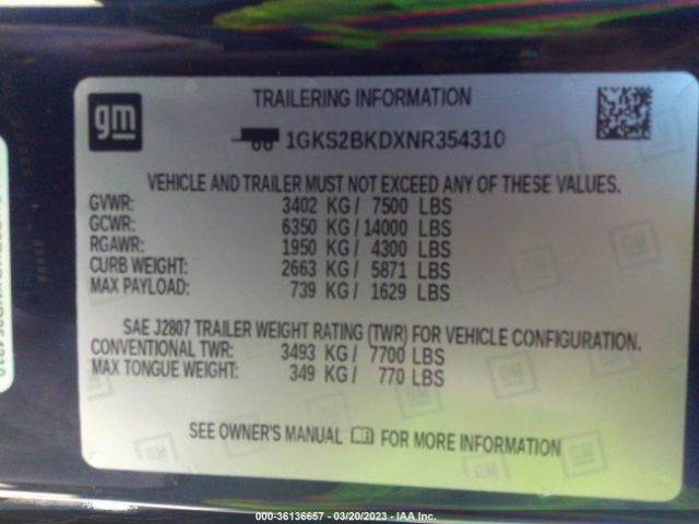 1GKS2BKDXNR354310 GMC YUKON SLT