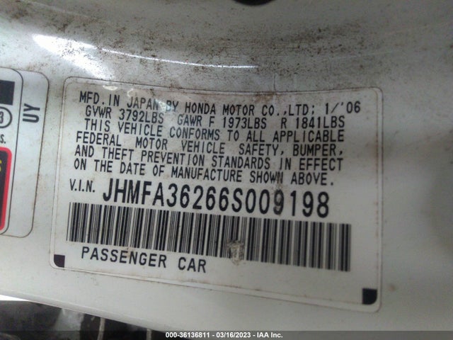 2006 HONDA CIVIC HYBRID VIN: JHMFA36266S009198