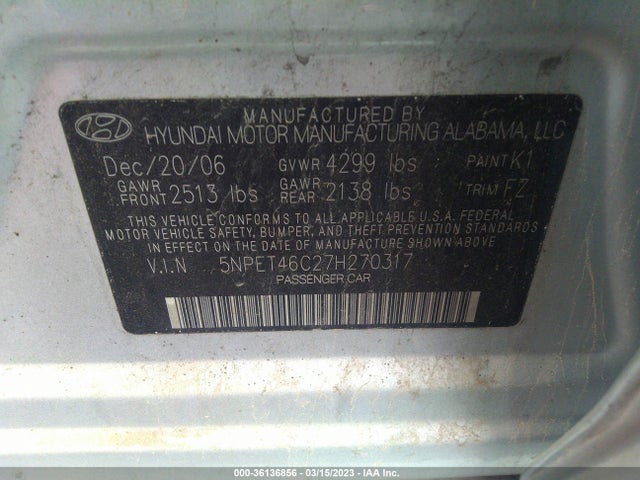 2007 HYUNDAI SONATA GLS VIN: 5NPET46C27H270317