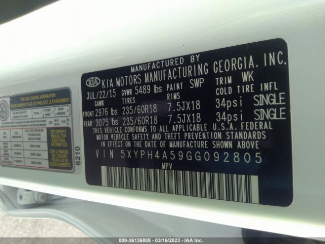 5XYPH4A59GG092805 KIA SORENTO EX