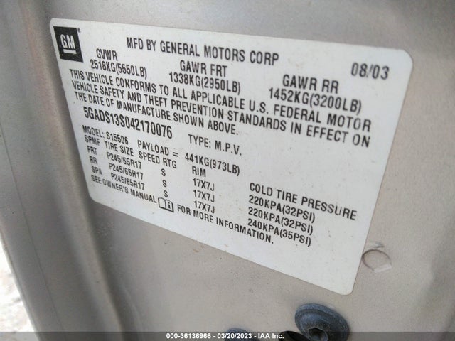 2004 BUICK RAINIER CXL VIN: 5GADS13S042170076