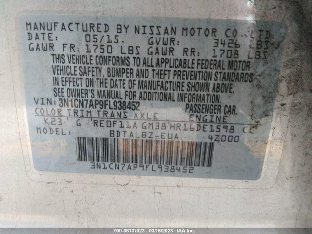 Nissan VERSA SV 2015 3N1CN7AP9FL938452 Image 11