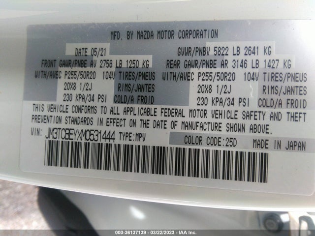 2021 MAZDA CX-9 SIGNATURE VIN: JM3TCBEYXM0531444