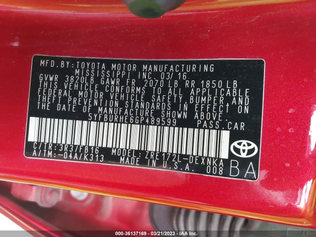 Toyota Corolla L/le/s/s Plus/le Plus 2016 5YFBURHE6GP489599 Image 9