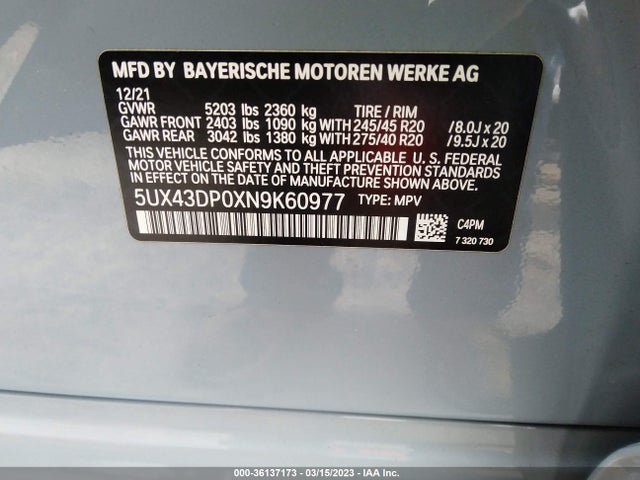 2022 BMW X3 SDRIVE30I VIN: 5UX43DP0XN9K60977